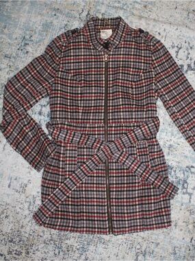 Plaid Belted Jacket - Red & Gray